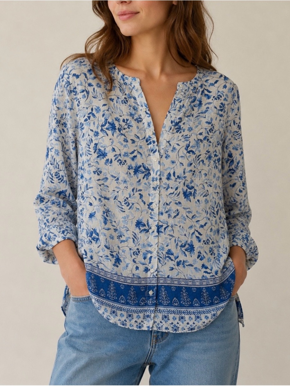 Joie 100% Linen Blue and White Floral Button-Down Top S 1X